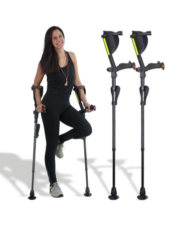 Ergobaum 7G by Ergoactives. 1 Pair (2 Units) of Ergonomic Forearm Crutches - Adult 5' - 6'6'' Adjustable, Foldable, Ergonomic, Shock Absorber, Non-Slip, Knee-Rest Platforms, LED Lights (Black) Original Black
