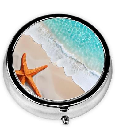 Beach Starfish Round Pill Box - 3 Compartment Mini Decorative Travel Organizer for Vitamins & Medications - Buy Online on GoSupps.com