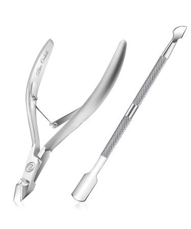 Cuticle Trimmer with Cuticle Pusher - Cuticle Remover Cuticle Nipper Professional Stainless Steel Cuticle Cutter Clipper Durable Pedicure Manicure Tools for Fingernails and Toenails Quarter Jaw Silver