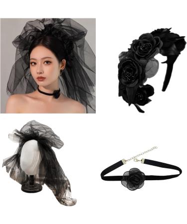 amangul Gothic Floral Headband Black Flower Headpiece Choker Necklace Tulle Veil Cosplays Costume Accessory Halloween Jewelry(Black Veil And Black) - Buy Online on GoSupps.com