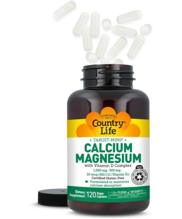 Country Life Target-Mins Calcium Magnesium with Vitamin D-Complex 1000mg/500mg/10mcg 120 Vegan Capsules Certified Gluten Free Certified Vegan Verified Non-GMO Verified Unflavored 120 Count (Pack of 1) - Buy Online on GoSupps.com