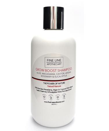 99% Natural SHAMPOO - HAIR GROWTH - ALOE VERA CASTOR ARGAN & MACADAMIA with ROSEMARY & EUCALYPTUS 250 ml by Fine Line Apothecary. Sulfate Free Paraben Free. Gentle Concentrated. pH Balanced.