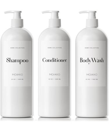 MOIIKKO Shampoo and Conditioner Bottles - Pack of 3 Refillable, 32oz Empty Shampoo Conditioner Body Wash Dispenser (White) with 8 Waterproof Labels for Modern Bathroom Accessories