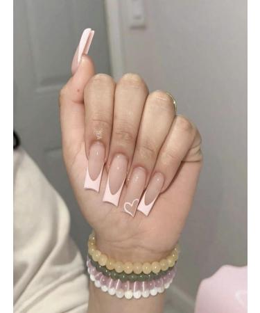 Beautiful False Nails Dusty PINK 24 pcs long square heart pattern full cover Fake Nail Kit