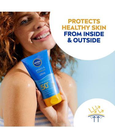 NIVEA SUN Protect & Moisture Ultra Sun Cream Lotion SPF 50+ (150ml) Water-Resistant Sunscreen Sun Cream Provides Instant UVA/UVB Protection and Moisturises Skin for 48h - Buy Online on GoSupps.com