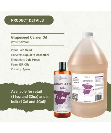 Grapeseed Oil - Pure Grapeseed oil for Skin - 100% Pure Carrier Oil for Hair, Face, and Skin - Direct from EIR Oils in the Beautiful Spanish Countryside (16 oz) Grapeseed Oil 16 Fl Oz (Pack of 1) - Buy Online on GoSupps.com