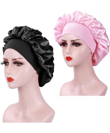 AliLeader 2Pcs Silk Hair Bonnet for Sleeping - Black+Pink Satin Cap for Curly Hair - Elastic Band Soft Hair Wrap for Women - Buy Online on GoSupps.com