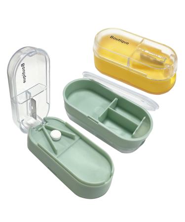 2 Pack Pill Cutter for Small or Large Pills Portable Pill Splitter 2-in-1 Pill Case with Stainless Steel Blade Cuts Pills Vitamins Tablets