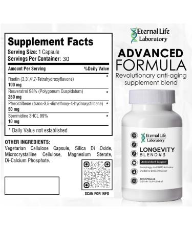 Longevity Blend #3 - Antioxidant Support Supplement with Resveratrol Fisetin & Pterostilbene | AMPK Activator & Anti-Aging Formula | 30 Capsules - Buy Online on GoSupps.com