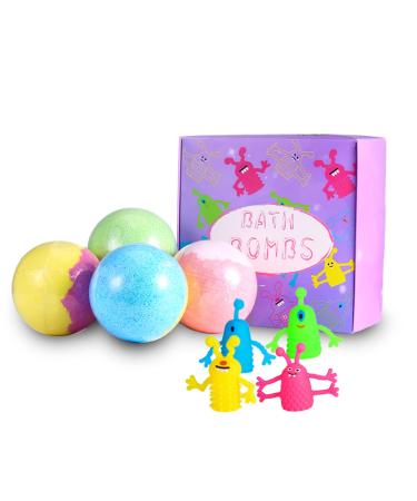 JIANGYUE Bath Bombs for Kids with Toys Inside - Set of 4 Natural and Organic Bubble Bath Bombs Fizzies with Surprise Inside Birthday Gifts for Girls and Boys Finger Toys Bath Bombs