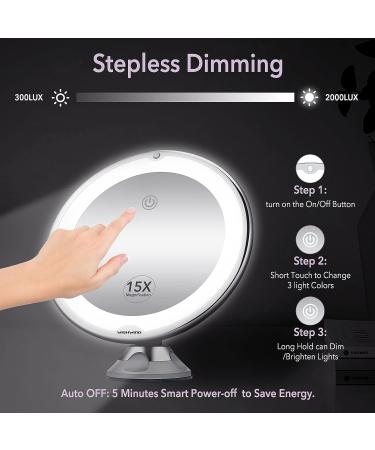 WISHWIND 15X Magnifying Vanity Mirror with Lights | Large 8 Inch Portable Makeup Mirror | Touch Sensor, 3 Color Modes, Dimmable Light | Locking Suction Cup | Bathroom Magnifying Mirror - Buy Online on GoSupps.com