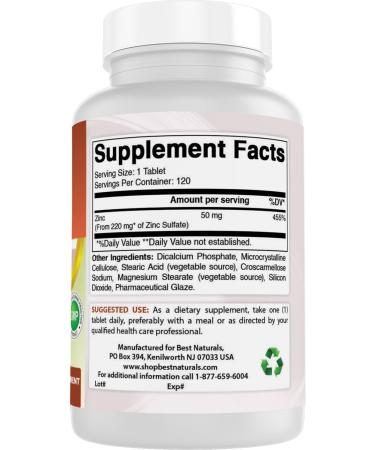 Best Naturals Zinc Sulfate 220 mg 120 Tablets - 3rd Party Lab Tested - Made in The USA - Gluten Free & Non-GMO - Buy Online on GoSupps.com