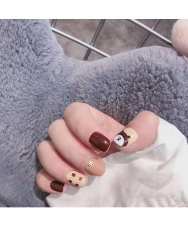 24Pcs/Set Press On Nails Short Cartoon Bear Patch False Nails Acrylic Fake Nails Full Cover Nails Tips Artificial Finger Manicure Press on nails for Women and Girls