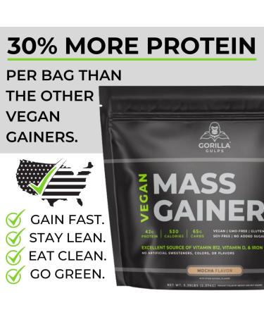 Organic Mocha Vegan Mass Gainer | Protein Powder with Vitamin B12, D3, and Iron | GMO, Gluten, Dairy, and Soy Free | 530 Calories | 5lb Pack - Gorilla Gulps - Buy Online on GoSupps.com