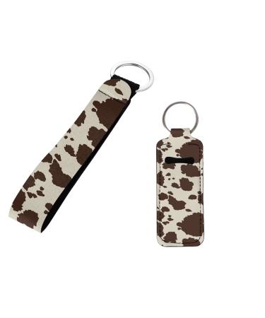 INSTANTARTS Cow Hide Print Key Ring Chapstick Holder 2 Packs Retro Brown Lipstick Lipgloss Sleeve Holder with Keychain Lip Balm Holder for Lanyards Key Chains Brown Cow Hide-