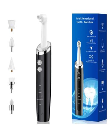 Pelzzle Tooth Polisher, Rechargeable Teeth Cleaning Kit for Daily Teeth Cleaning, Whitening and Polishing, Electric Dental Teeth Polisher with LED Light, 5 Brush Heads, 5 Speed Modes, Waterproof Black