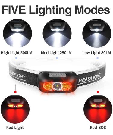 500 Lumen Rechargeable Headlamp | 5 Modes & Red Light | Water-Resistant Adjustable Strap | Ideal for Running, Camping, Cycling | 1 Pack Red Headlight - Buy Online on GoSupps.com