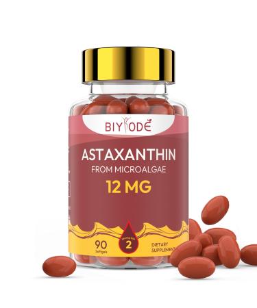 BIYODE Astaxanthin 12mg Softgels High Potency Antioxidant Supplement from Microalgae Supports Skin Health Heart Function Circulation & Immune System 90 Softgels