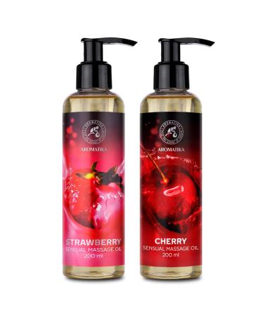 Sensual massage oil set 2x200ml - strawberry and cherry - Body massage oil with almond oil and grape seed oil - edible - of course - Kissable massage oil - massage oil for couples
