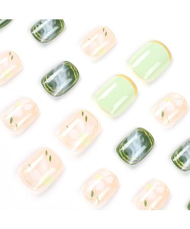 24Pcs Short Square Green Camellia French Press On False Nails | Glossy Stick-On Nails for Women | DIY Manicure Decoration - Buy Online on GoSupps.com