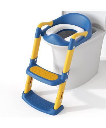 YMINA Potty Training Seat with Step Stool Ladder for Boys Girls Potty Toilet Seat with Handles Splash Guard Foldable Adjustable Comfotable and Anti-Slip Pad for Kids Baby (Blue) Blue-yellow