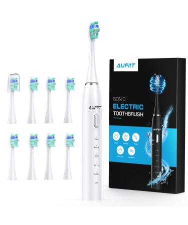 Electric Toothbrush for Adults, AUFIIT Sonic Toothbrush with 8 Brush Heads, Rechargeable Power Electric Toothbrush with 5 Modes & Smart Timer, 3 Hours Fast Charge Lasts up to 60 Days. White