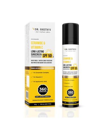 Dr. Sheth's Ceramide & Vitamin C Long lasting Sunscreen SPF 50+ PA++++ | Water & Sweat-Resistant | Non-Greasy & Quick-Absorbing | For Women & Men | 50g
