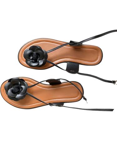 Elegant Black Flat Sandals for Summer - Non-Slip Soft Sandals with Artificial Flower | Size 38 EU - Buy Online on GoSupps.com