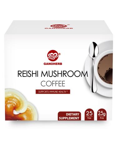 GANOHERB Reishi Mushroom Coffee Mix, Organic Instant Ganoderma Cafe with 100% Natural Ganoderma Lucidum Lingzhi Black Coffee for Stress Relief Better Focus Immune Support, Mix Flavor No Sugar 25 Bag Reishi Mushroom Complex