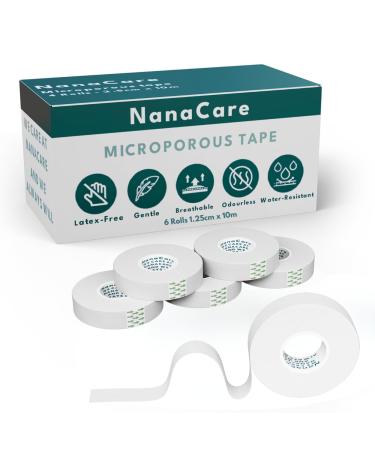 NanaCare Microporous Surgical Tape 1.25cm x 10m | 6 Rolls Micropore Surgical Tape | Medical Tape for Skin Dressings and Face| Earring Cover Up Tape | First Aid Tape Suitable for Sensitive Skin
