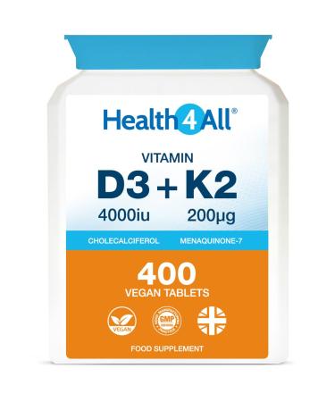 Health4All Vitamin D3 4000iu & Vitamin K2 200ug (Natural MK7) 400 Tablets (1+ Year Supply) Vegan Vitamin D3 K2 Supplement High Strength MK-7 from Natto Made in The UK