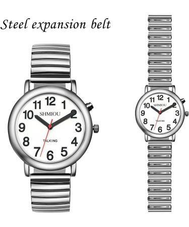 SHMIOU English Talking Watch for Visually Impaired, Elderly Men & Women - Expansion Band Quartz with Alarm, White Dial & Silver Frame - Buy Online on GoSupps.com