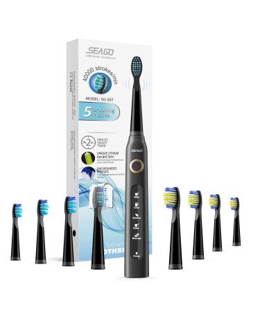 SEAGO Electric Toothbrush for Adults  Ultrasonic Toothbrushes with 8 Brush Heads  Rechargeable Electronic Toothbrush  Black  SG-507 H8-black