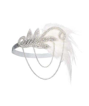 JISEN 1920s Flapper Vintage Feather Gatsby Crystal Headpiece Silver Type 3-silver
