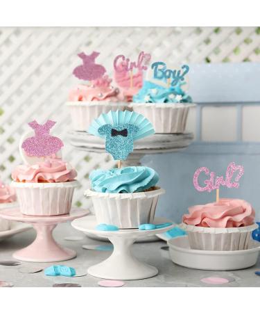 Sundecor 36Pcs Glitter Boy or Girl Cupcake Toppers Gender Reveal Party Decors Bling Pink or Blue Onesie Jumpsuit Cupcake Picks Cake Decorations for Celebrating Baby Shower Kids Birthday Party Supplies 06 Boy Or Girl