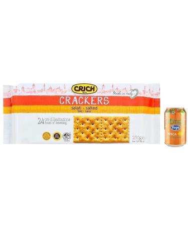 Crich Crackers Salati Pack of 6 salty crackers, crackers with salt grains and sourdough 250 g, each pack contains 10 individual portions + 1 can of peach yoga iced tea 330 ml