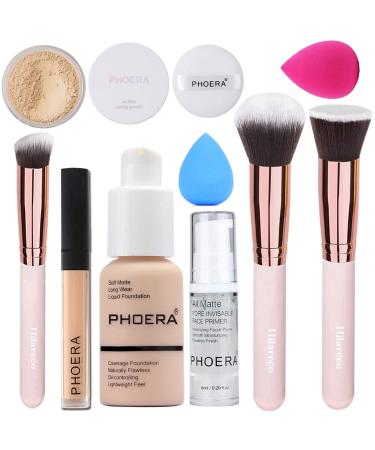 PHOERA Foundation PHOERA Makeup Foundation Full Coverage PHOERA Primer PHOERA Powder PHOERA Concealer Kabuki Brushes Makeup Foundation Brush Powder Brush Concealer Brush (101- Porcelain)