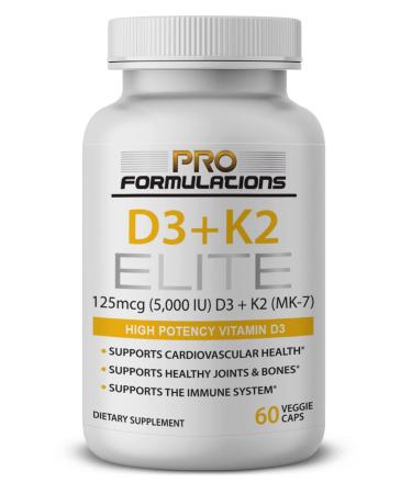 Pro Formulations MD D3 + K2 Elite  Vitamin D3 (5 000 IU) + Vitamin K2 (MK-7)  60 Day Supply  High-Potency Bioavailable MK-7