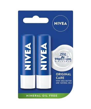 NIVEA Lip Balm 2 x 5.5 ml Original Care (Pack of 3) with Shea Butter, ethically sourced, supports the protective barrier of the lips with natural oils and vitamins, providing a