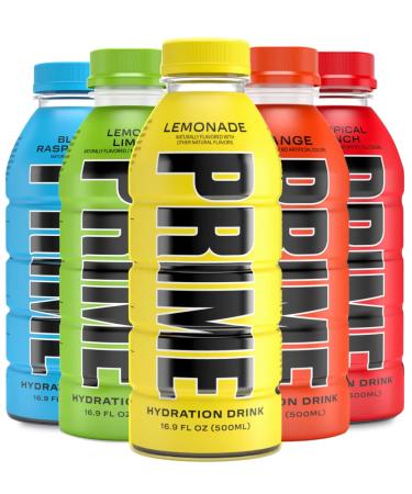 Prime Hydration 5 Pack - Lemonade Orange Blue Raspberry Tropical Punch & Lemon Lime (5 Bottles - 16.9 Fl Oz Each)