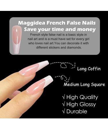 Maggidea 240 Pcs Coffin Fake Nails French Tip Nude Color Glossy Full Cover - Ballerina Nail Art for Women | French-Medium Long Square - Buy Online on GoSupps.com