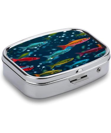 Colorful Minnows Print Pill Box - 2 Compartment Decorative Metal Pill Organizer for Pocket & Purse - Portable Medicine Case for Travel - Buy Online on GoSupps.com