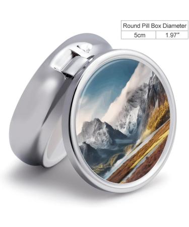 Round Pill Box Travel - Mountain Scenery Print | 3 Compartment Medicine Organizer | Decorative Metal Portable Pill Case - Style-9 - Buy Online on GoSupps.com