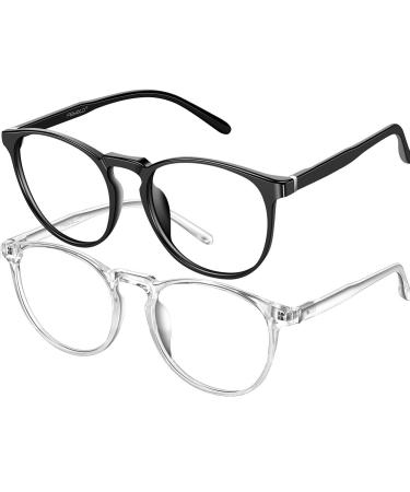 FEIYOLD Blue Light Blocking Glasses Women/Men,Retro Round Anti Eyestrain Computer Gaming Glasses(2Pack) Black+white