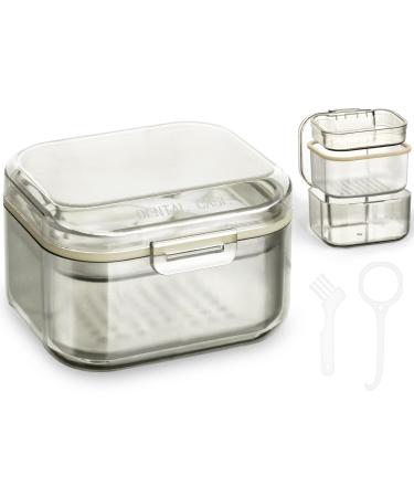 Acwoo denture box with sieve portable container for false teeth prosthesis box denture container for storage and immersion of oral protection holders and toothed devices gray