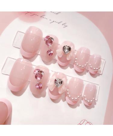 IMSOHOT Oval Press on Nails - Pink Short French Tips with Bow Tie Charms & Rhinestones - 24Pcs Acrylic False Nails for Women & Girls - Buy Online on GoSupps.com