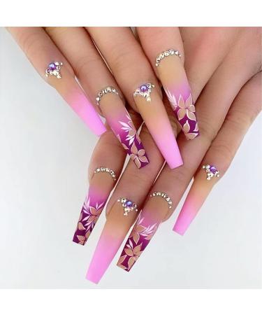 Press On Nails Long 24 Pcs Fake Nails Coffin French Ballerina Acrylic False Nail Set Sick On Nail With Jelly Glue Sticker For Women And Girls Nail Tips(Pink Flower) Floral