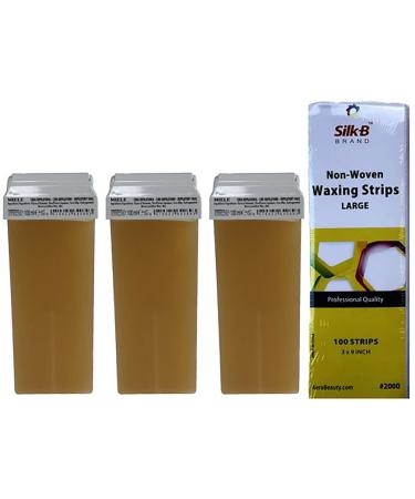 Waxing Kit Professional Roll On Honey Wax with Strips (3 Pack) Hair Removal Wax Cartridge Depilatory Wax Roller with 100 Non-Woven Waxing Strips