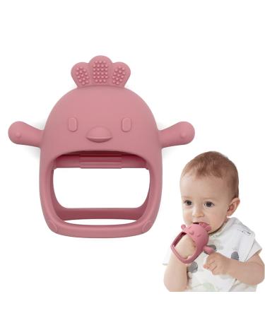 Chick Shape Baby Teething Toys  Never Drop Hand Wrist Teether  Baby Chew Toys for Sucking Needs  Food-Grade Silicone Baby Mitten Teether for Soothing Teething Pain Relief  Easy to Grip (Dark Pink) Chick-Dark pink