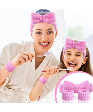 AOMIG Spa Headbands for Women - Fluffy Elastic Bowknot Hair Bands Set with Wrist Straps - Pink - Buy Online on GoSupps.com